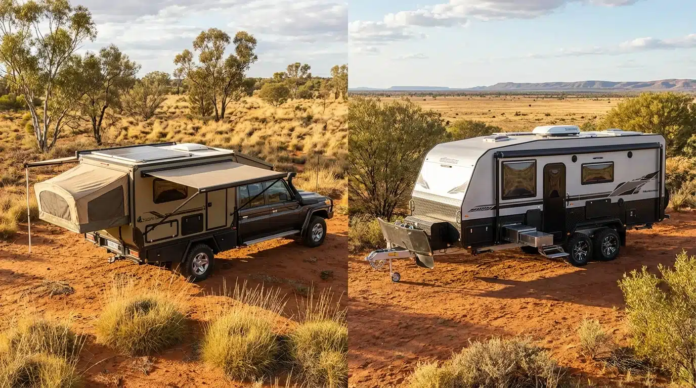 Side-by-side comparison of slide-on camper mounted on ute versus standalone caravan