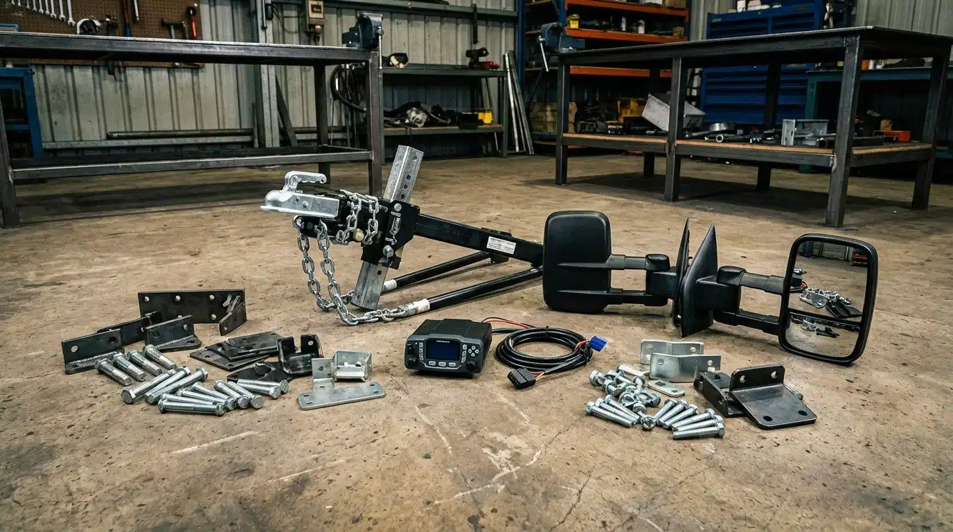 Caravan towing equipment including hitch, brake controller, and mirrors laid out on floor