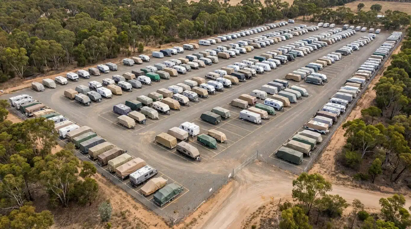 Aerial view of caravan storage facility showing multiple stored vans in secure compound