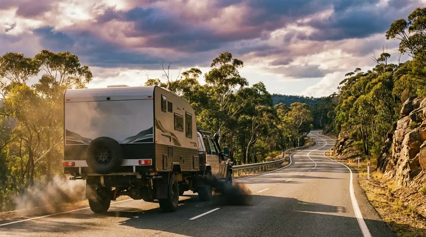 Caravan being towed uphill on mountain highway showing fuel consumption challenges