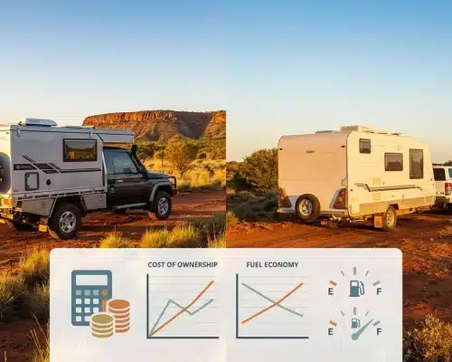 Slide-on camper vs caravan comparison with cost analysis icons in Australian outback at golden hour.